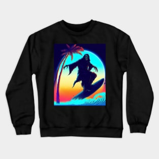 Spooky retro grim skeleton surfing on palm beach Crewneck Sweatshirt